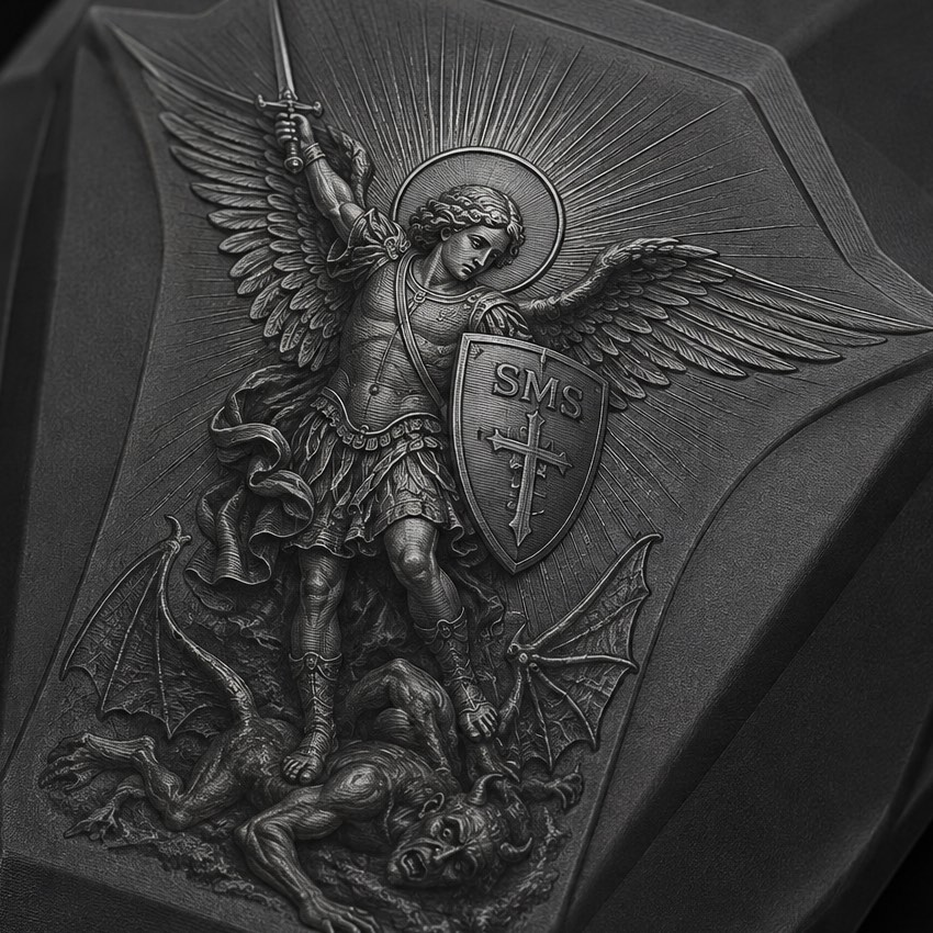 A relief of Saint Michael in armour, sword raised and wings spread, standing over a defeated dragon and carrying a shield bearing the letters SMS and the cross of Saint Michael.